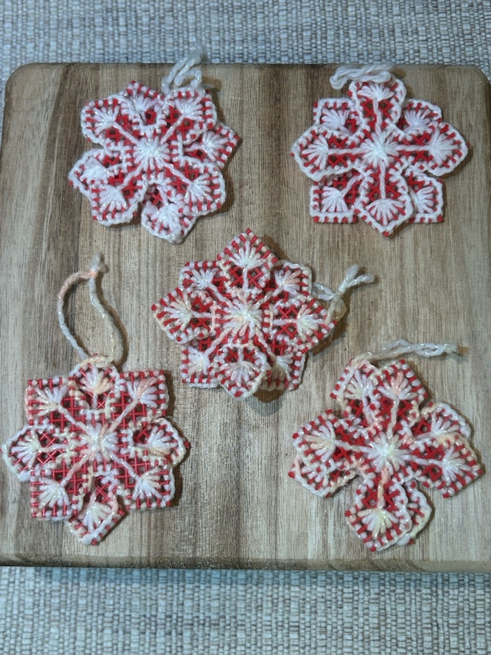 Vintage Kitchy Christmas Red & White 3" Plastic Canvas Needlepoint Snowflake Orn